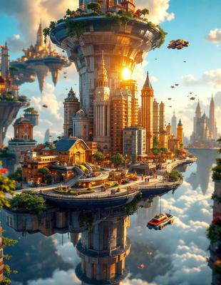 The primary subject of the image is a large, intricate model of a city, featuring a variety of buildings and structures. The setting is a large body of water, with the city model floating on top of it. The visual style of the image is digital art, as it appears to be a computer-generated or digitally rendered scene. The colors and mood of the image are vibrant and lively, with the city model and the water creating a sense of wonder and imagination.
